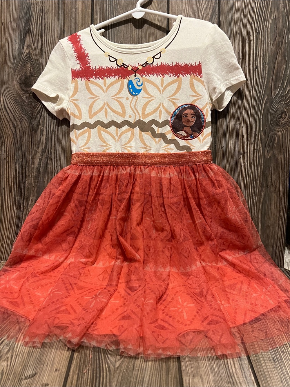 Girl's Disney Moana 2 Red and Cream Tulle Dress with Character Patch